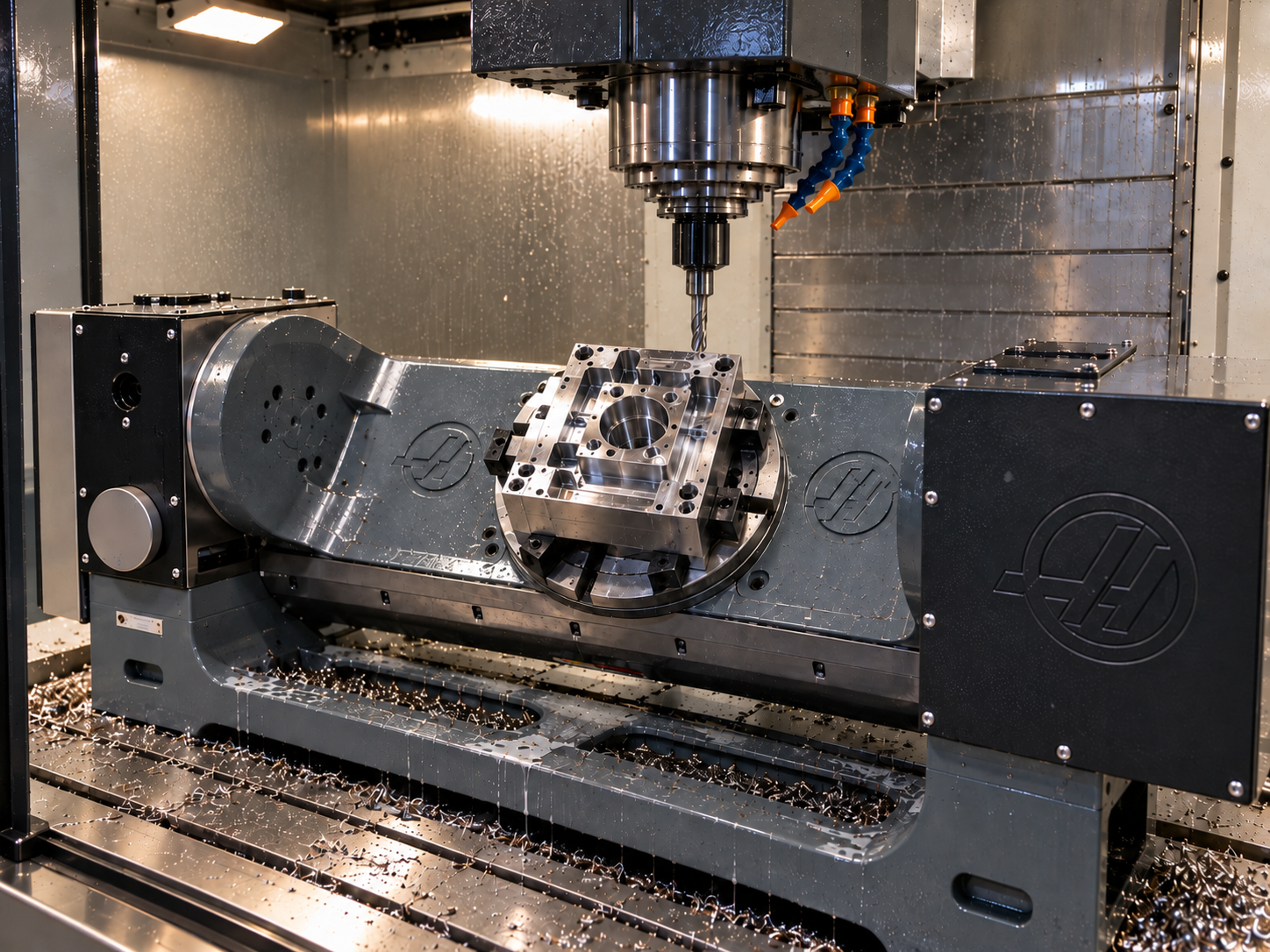 5-axis machining centre with trunnion and machined part under the spindle