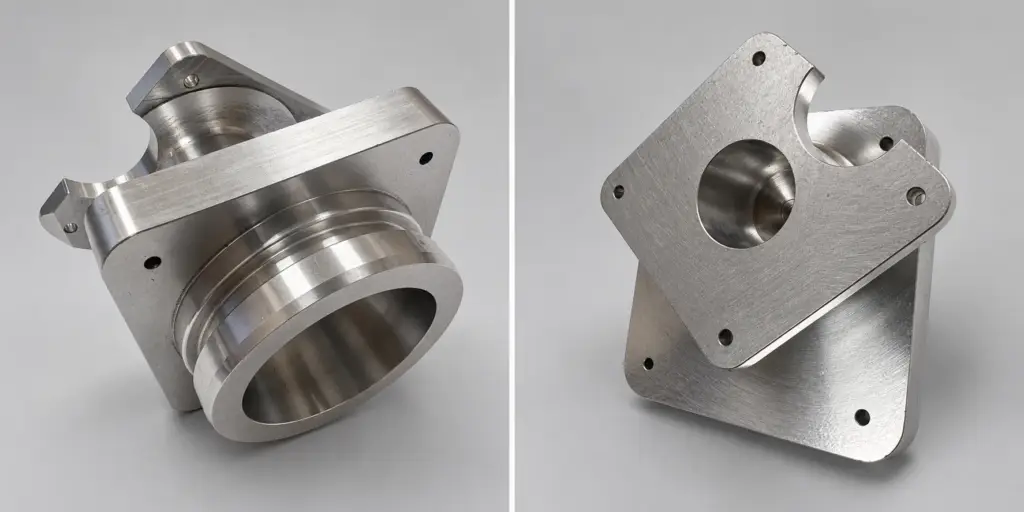 Two views of a machined metal component, front and rear, shown side by side