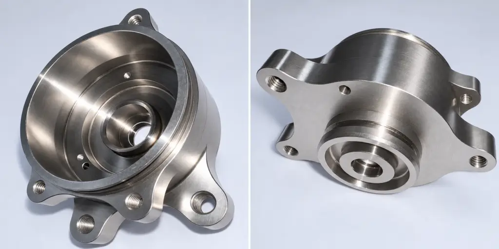 Two views of a machined metal component, shown side by side