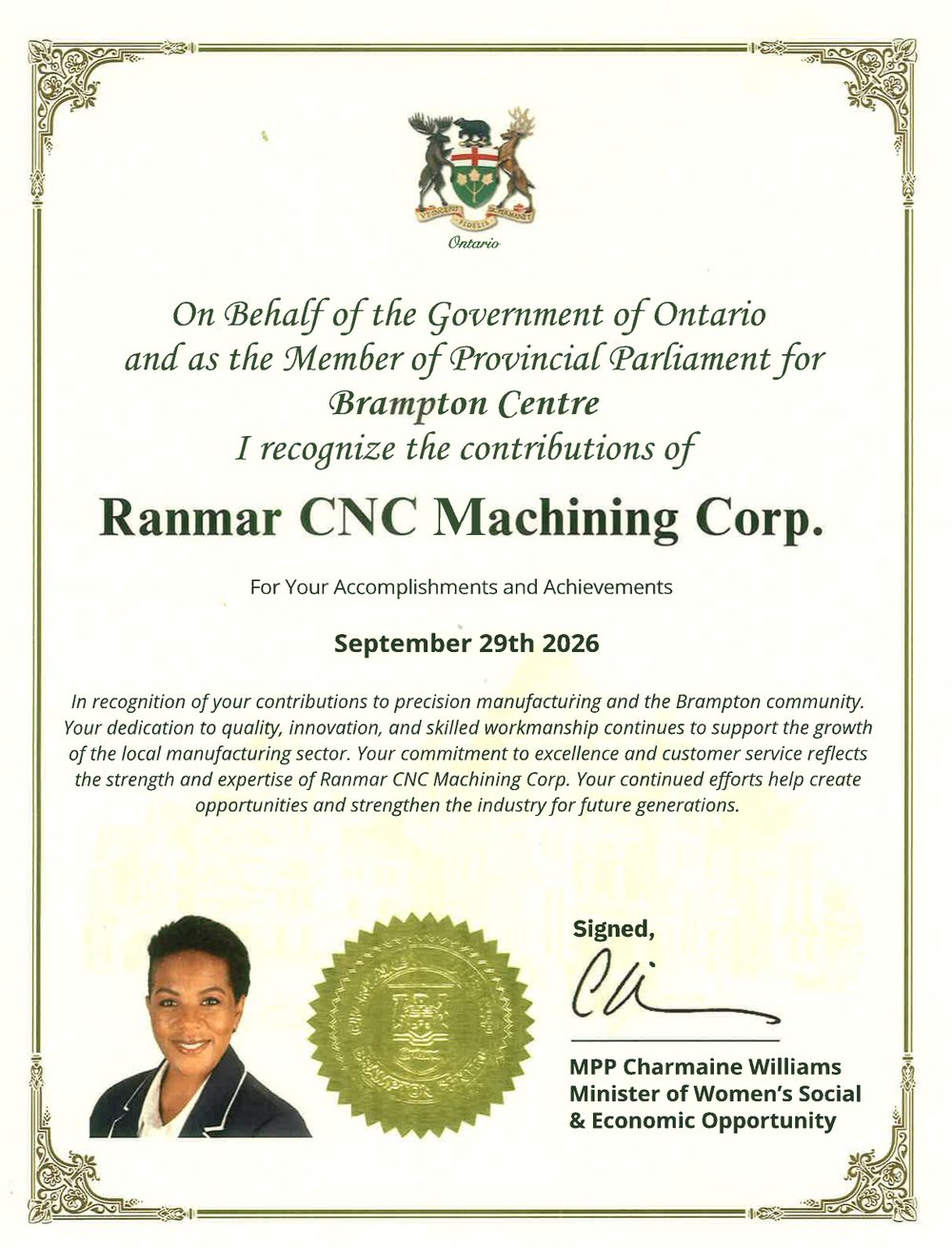 Certificate of Recognition issued to Ranmar CNC Machining Corp. on behalf of the Government of Ontario by MPP Charmaine Williams, dated September 29, 2026