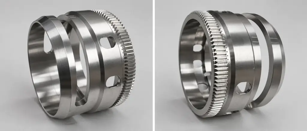 Two views of a machined ring component with slots, shown side by side